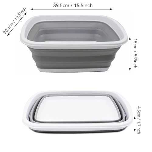 SAMMART 10L Collapsible Plastic Wash Basin - Portable Foldable Dish Tub - White/Grey