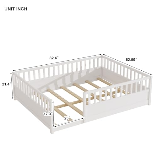 Queen Montessori Floor Bed Frame with Safety Fence, Solid Pine Wood