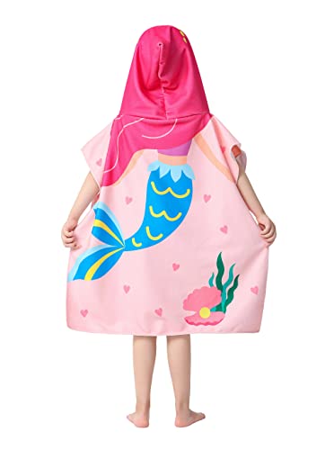Pink Mermaid Hooded Beach Towel for Toddler Girls - Soft Microfiber Poncho