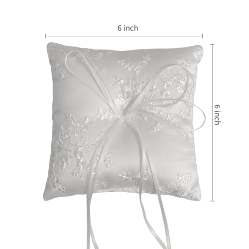 White Satin Ring Bearer Pillow with Floral Lace and Ribbon Bow, 6x6 Inch