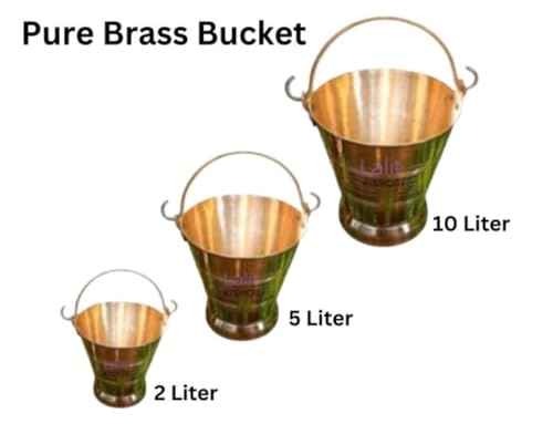 Lalit Kishori Brass Pail Set - Golden Heavy Gauge Pooja & Serving Buckets, 2, 5 & 10L Combo