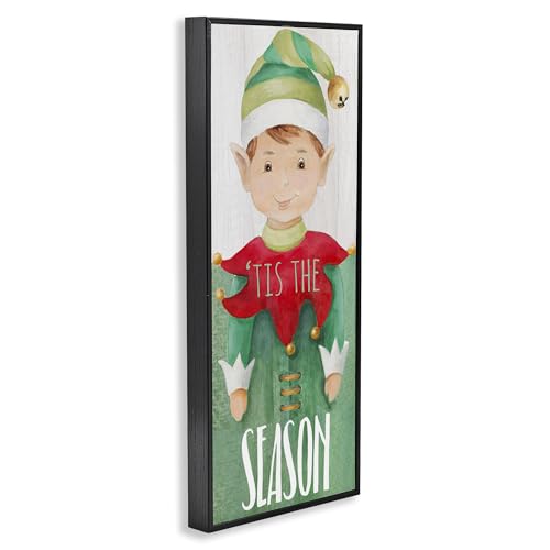 Stupell Industries 'Tis the Season Green Christmas Elf Bell Hat Framed Wall Art Midnight Black, 10x24 Inches