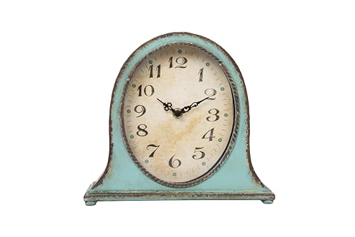 Distressed Aqua Blue Metal Mantel Clock with Wooden Base, 8.5-inch
