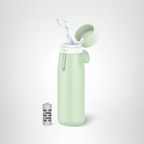 PHILIPS Water Bottle with Filter, Filter Water Bottle Stainless Steel with GoZero Everyday BPA-Free Tap Water Filter, Water Filter Bottle Keep Drink Cold 24 Hours, 1 Filter for 40 gal / 2 Months