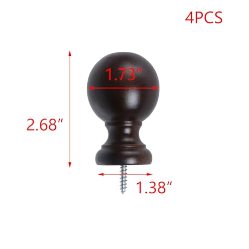Wooden Ball Curtain Rod Finials, 0.94 Inch End Caps, Brown, 4 Pack