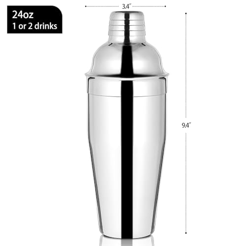 Etens 24oz Silver Cocktail Shaker with Built-In Strainer – Stainless Steel Bartender Mixer