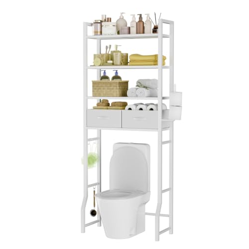 4-Tier Over The Toilet Storage Shelf with Drawers and Metal Hooks, White
