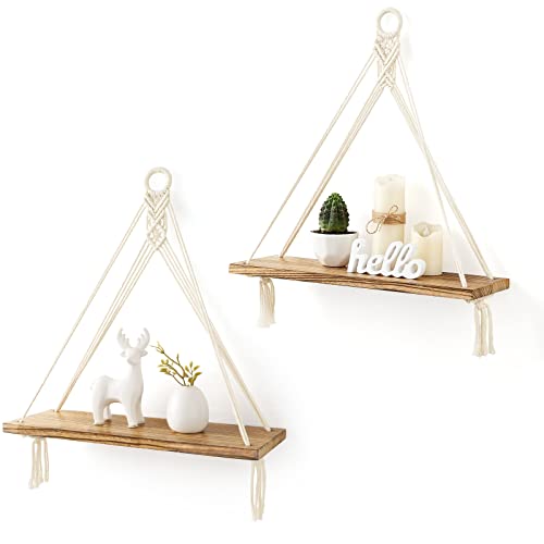 Boho Macrame Hanging Wall Shelves - Set of 2 Floating Wood Shelves