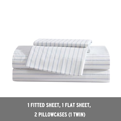 Eddie Bauer - Twin Sheets, Cotton Percale Bedding Set, Crisp & Cool Home Decor (Essential Stripe White, Twin)