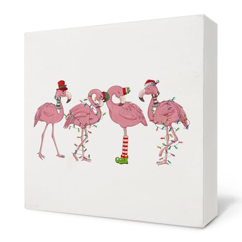 Nvotell Flamingos Funny Pink Santa Hat 5x5 Inch Wooden Box Sign — Christmas decor