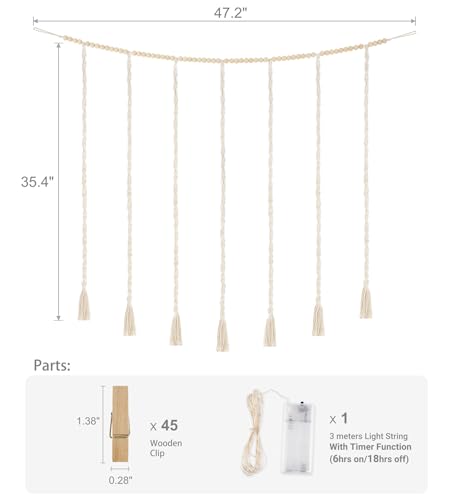 Macrame Hanging Photo Display with LED String Lights and 45 Clips