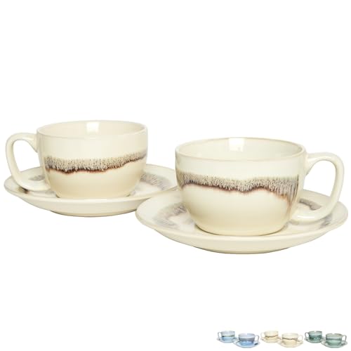 Bosmarlin 10 Oz Ceramic Cappuccino Cup & Saucer Set of 2 - Beige, Dishwasher & Microwave Safe