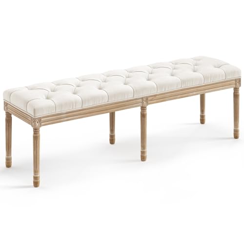 60-Inch Upholstered Tufted Bedroom Bench with Carved Wooden Legs, Beige