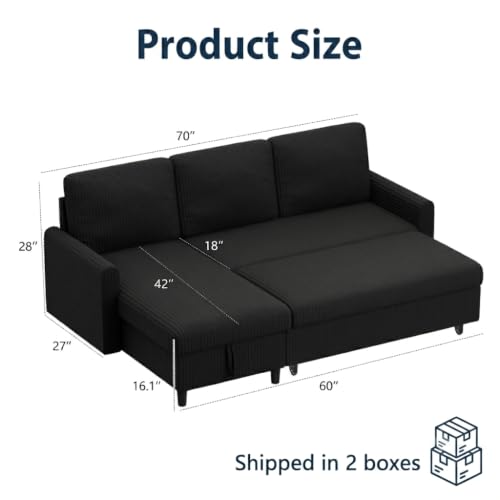 70-Inch Sleeper Sofa Bed with Storage, Convertible L-Shaped Sectional Couch