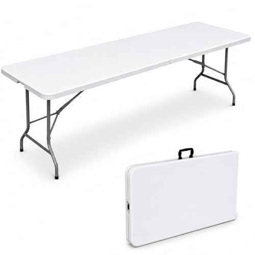 8ft Heavy Duty Folding Table, Portable Fold-in-Half Banquet & Picnic Table