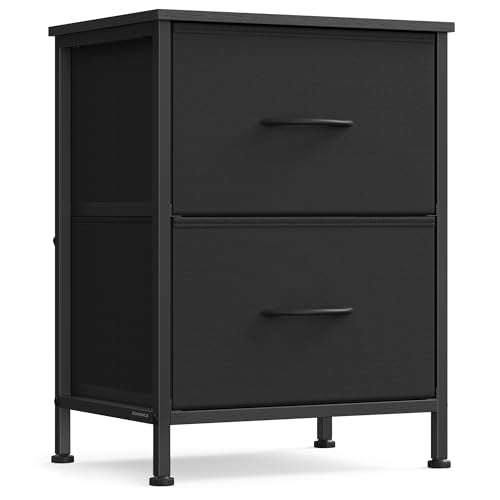 Modern 2-Drawer Nightstand, Bedside End Table with Steel Frame, Black