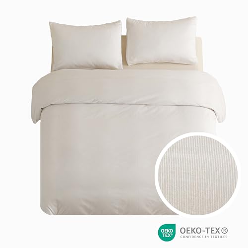 100% Cotton Jacquard Duvet Cover Queen Set, 90x90 Inch, White Striped