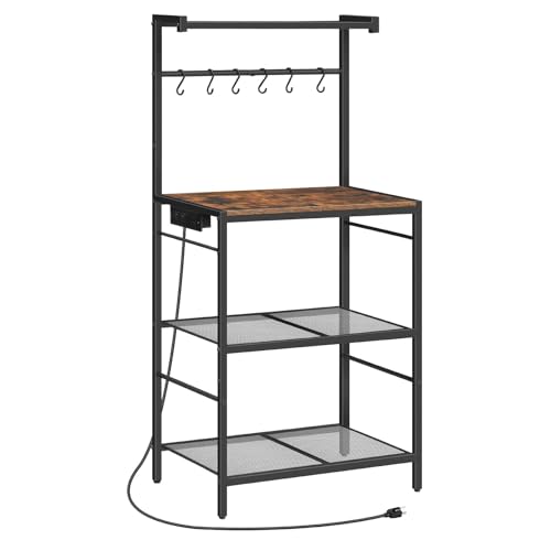 4-Tier Bakers Rack with Power Outlet, Kitchen Storage Shelf & 6 Hooks