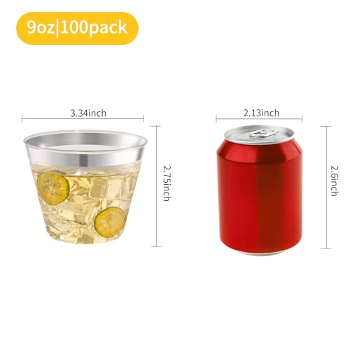 BESTVIP 9oz Silver Rimmed Disposable Plastic Cups - Pack of 100