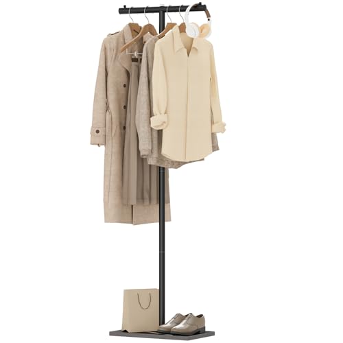 T-Shaped Freestanding Metal Garment Rack with Natural Stone Base