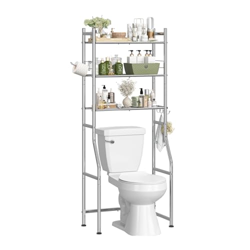 3-Tier Over-the-Toilet Storage Rack with Paper Holder and Hooks, Chrome