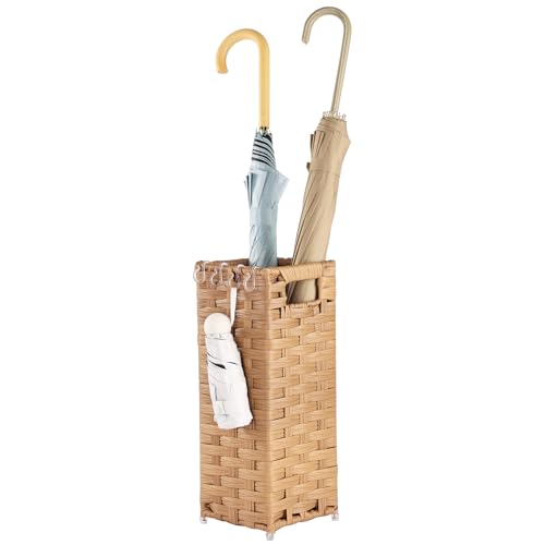 Hand-Woven Rattan Umbrella Stand with Drip Tray and Hooks, 16.5-inch