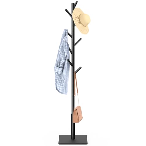 Freestanding Wooden Coat Rack with 8 Hooks and Stable Square Base