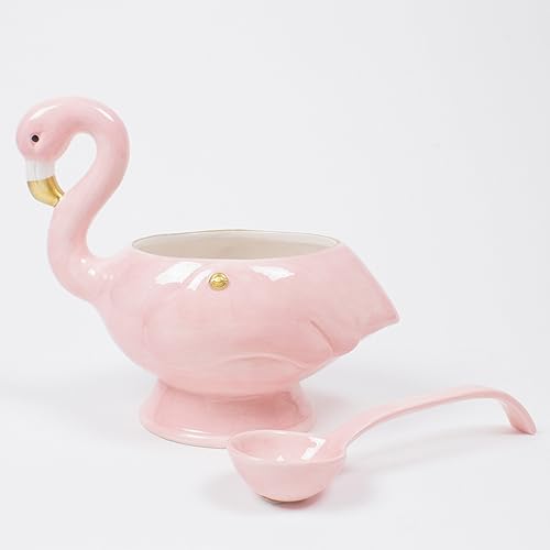 Ceramic Flamingo Punch Bowl with Ladle - 32 Ounce Decorative Serving Set