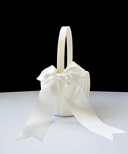 Ivory Satin Flower Girl Baskets - 2 Piece Wedding Ceremony Set with Bows