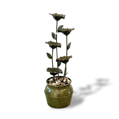 Zinc Metal Flower Tabletop Fountain with River Stones for Indoor and Outdoor