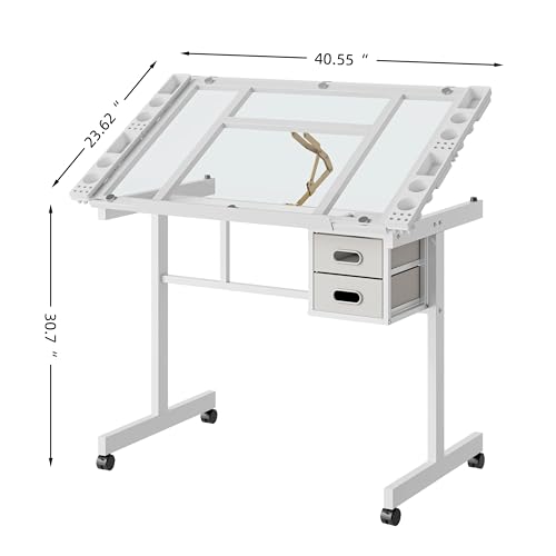 Adjustable Glass Top Drawing Table with Storage Drawers & Wheels