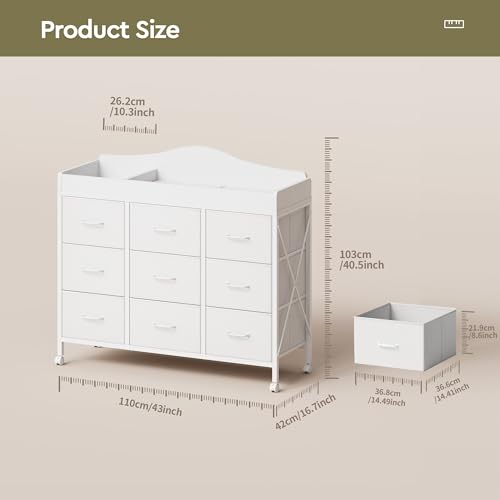 Mobile Baby Changing Table with 9 Storage Bins and Waterproof Pad, White