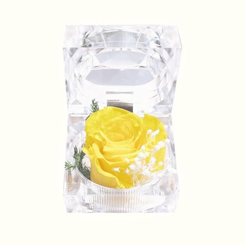 Preserved Yellow Real Rose in Clear Acrylic Ring Box for Gifts