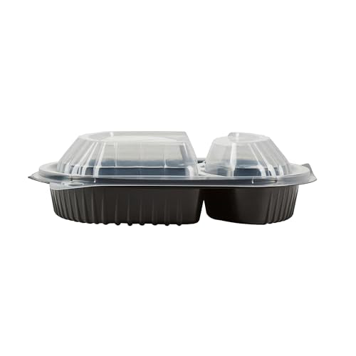 Restaurantware-Chef 101 28 Ounce Meal Prep Containers, 100 Microwavable To Go Containers With Lids - 2 Compartments, Disposable, Black Plastic Oval Food Containers, For Hot And Cold Food, Freezable