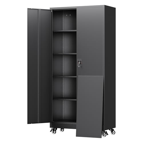 75" Rolling Metal Garage Storage Cabinet with Locking Doors & Adjustable Shelves