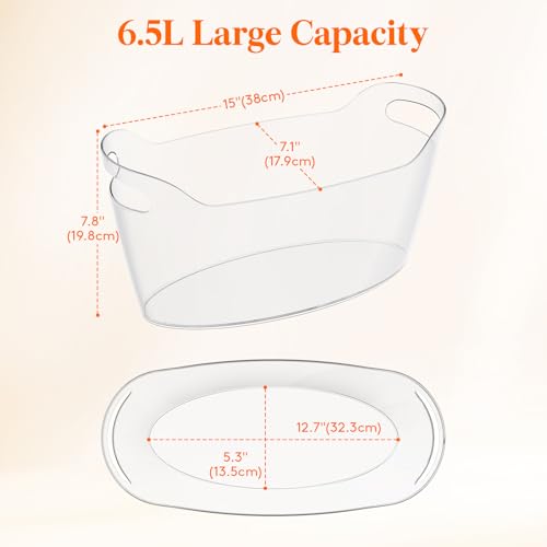 6.5L Plastic Ice Bucket with Scoop (2 Pack) - Clear Beverage Tub for Parties