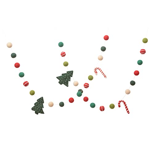 Christmas Felt Ball Garland with Trees & Candy Canes - 7ft Holiday Decor, Handmade Wool, Kids Room & Living Room
