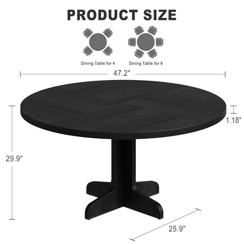 47-Inch Round Farmhouse Dining Table for 4, Rustic Black Kitchen Table