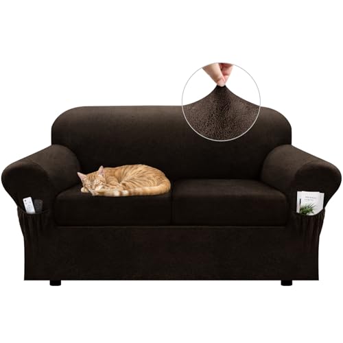 Loveseat Slipcover Set, Non-Slip Stretch Faux Leather, Dark Brown, Fits 58-66"