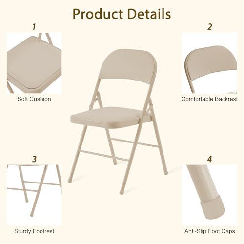 Heavy Duty Folding Chairs 6-Pack, Padded Khaki Steel Frame for Indoor Outdoor