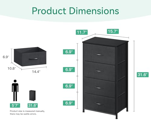 Small 4-Drawer Fabric Dresser with Wood Top & Steel Frame, Black