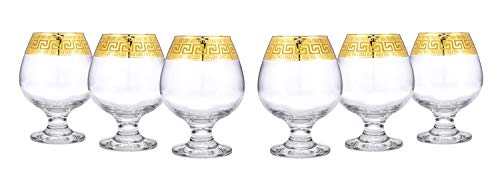 Gold Rimmed Brandy Snifter Glass Set 6-Piece Greek Key Pattern Drinkware