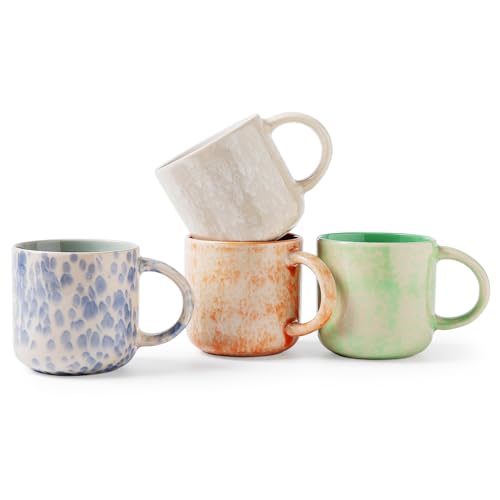 MONITO Colorful 12oz Ceramic Coffee Mug Set of 4 - Unique Glazed Handle Cups