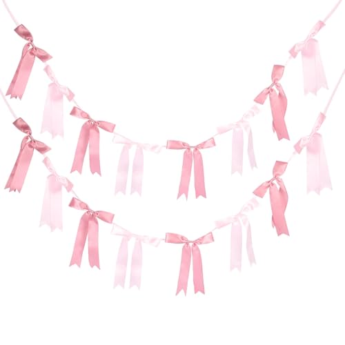 Pink Satin Bow Garlands - 2 Pack, 16pcs, 6.5ft Pre-Strung Party Decorations