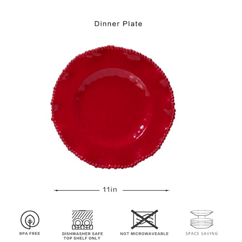 ZAROCRUS Christmas Red 11-Inch Melamine Dinner Plates Set of 6 Beaded Holiday Tableware