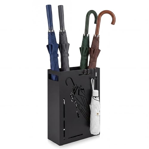 Metal Umbrella Stand with Drip Tray and 4 Hooks, Rectangular Entryway Holder