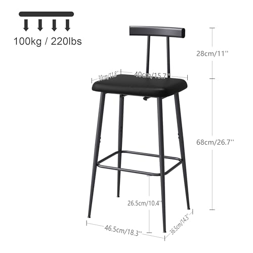 Industrial Matte Black Bar Stools with PU Cushioned Seat - Set of 2