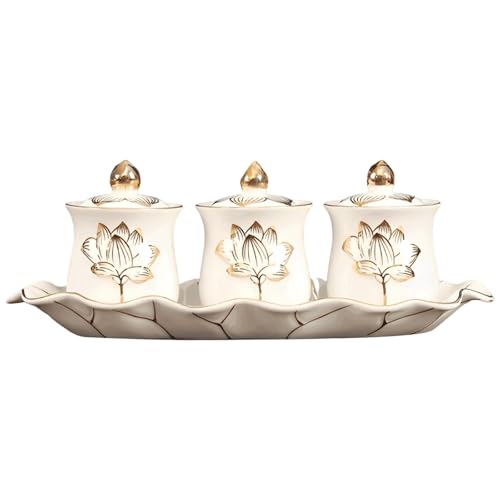 Ceramic Tibetan Holy Water Cups Set with Lotus Embossed Lids - 3 Piece Home Decor