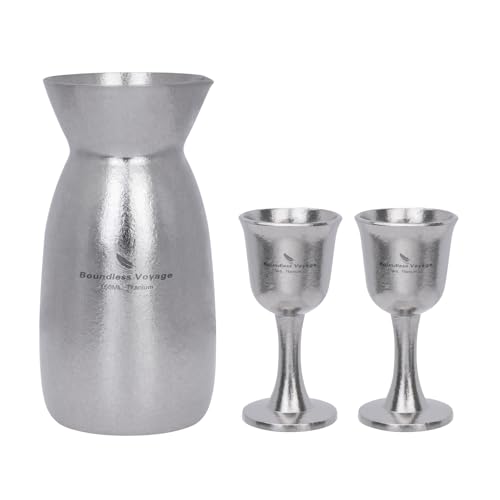 Boundless Voyage Titanium Sake Set 3 Pieces - 150ml Carafe & Cups for Japanese Wine, Outdoor & Travel Drinkware