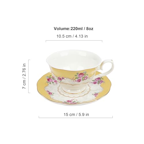 Fanquare Colorful Floral Porcelain Coffee Cup Set with Saucers - Yellow & Blue, 6-Piece Tea Set for Women